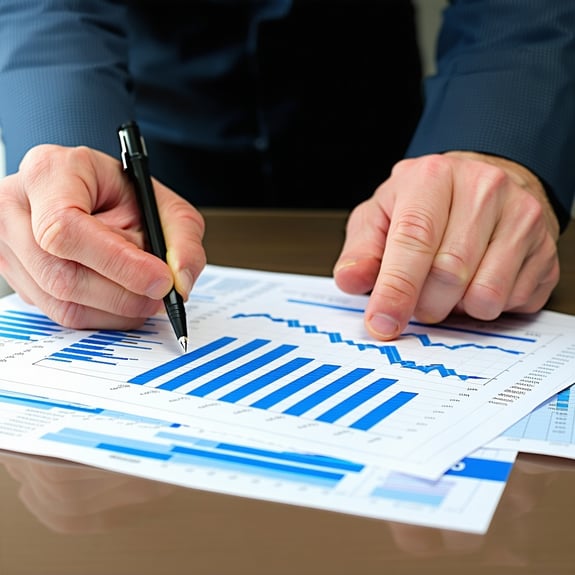 Business professional analyzing financial charts and graphs with a pen, reviewing data and performance metrics on printed reports.